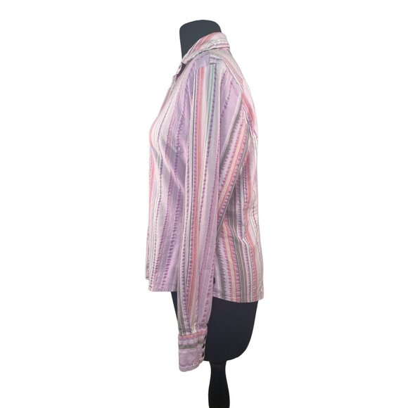 Cruel Girl Long Sleeve Striped Shirt Button Front Pastel Purple Pink L Western - Picture 3 of 9